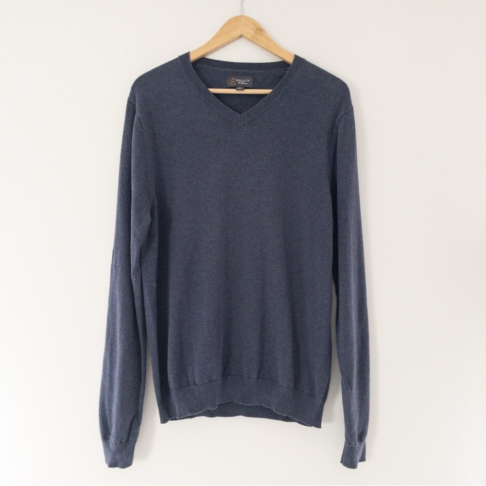 Wallin & Bros Men's Blue V-Neck Cotton Cashmere Sweater